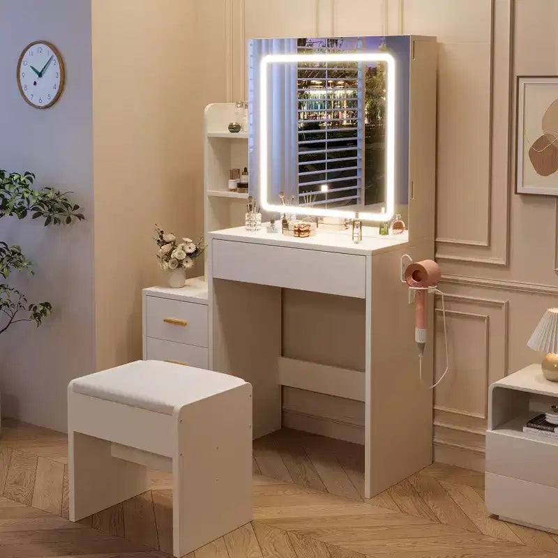 54.3 Modern LED Makeup Vanity Set with Upholstered Stool, 4 Drawers & Sliding Mirror, Open Storage Shelves for Bedroom & Bathroom