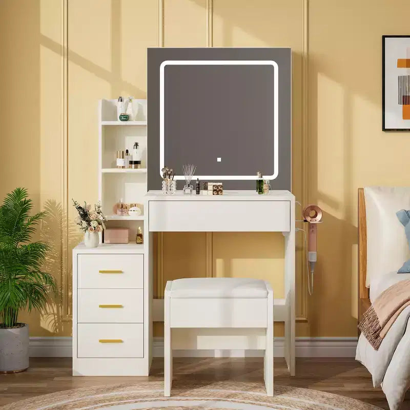 54.3 Modern LED Makeup Vanity Set with Upholstered Stool, 4 Drawers & Sliding Mirror, Open Storage Shelves for Bedroom & Bathroom