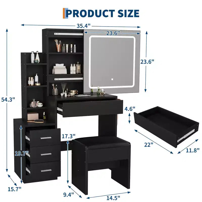 54.3 Modern LED Makeup Vanity Set with Upholstered Stool, 4 Drawers & Sliding Mirror, Open Storage Shelves for Bedroom & Bathroom
