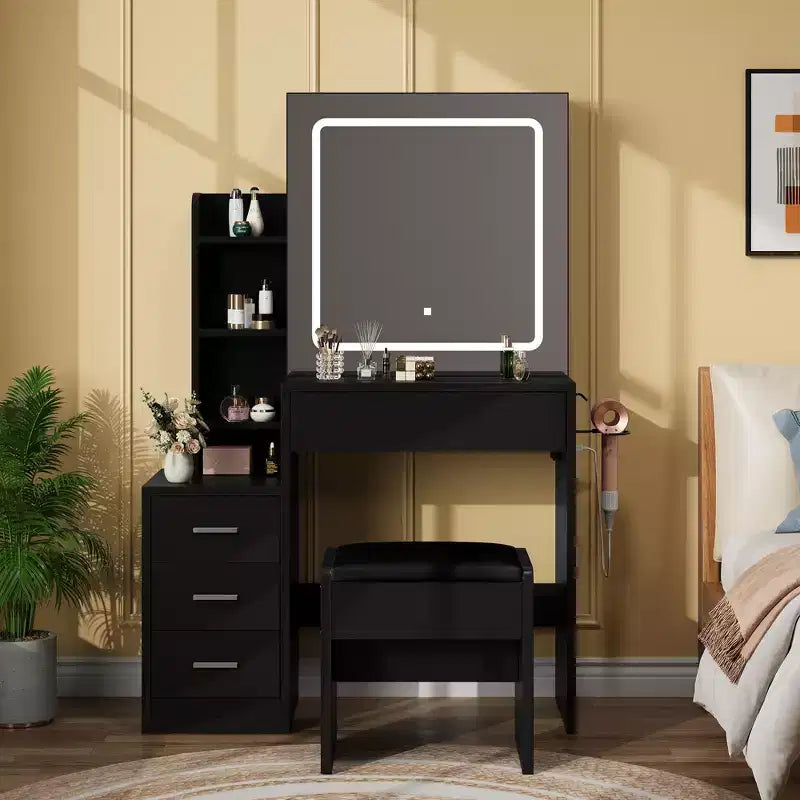 54.3 Modern LED Makeup Vanity Set with Upholstered Stool, 4 Drawers & Sliding Mirror, Open Storage Shelves for Bedroom & Bathroom