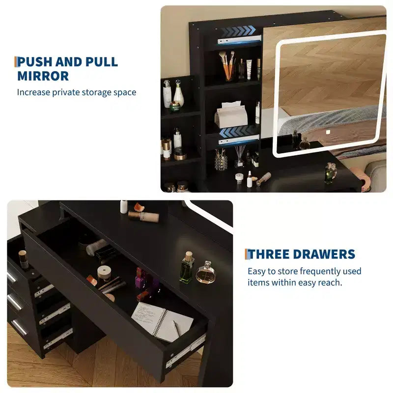54.3 Modern LED Makeup Vanity Set with Upholstered Stool, 4 Drawers & Sliding Mirror, Open Storage Shelves for Bedroom & Bathroom