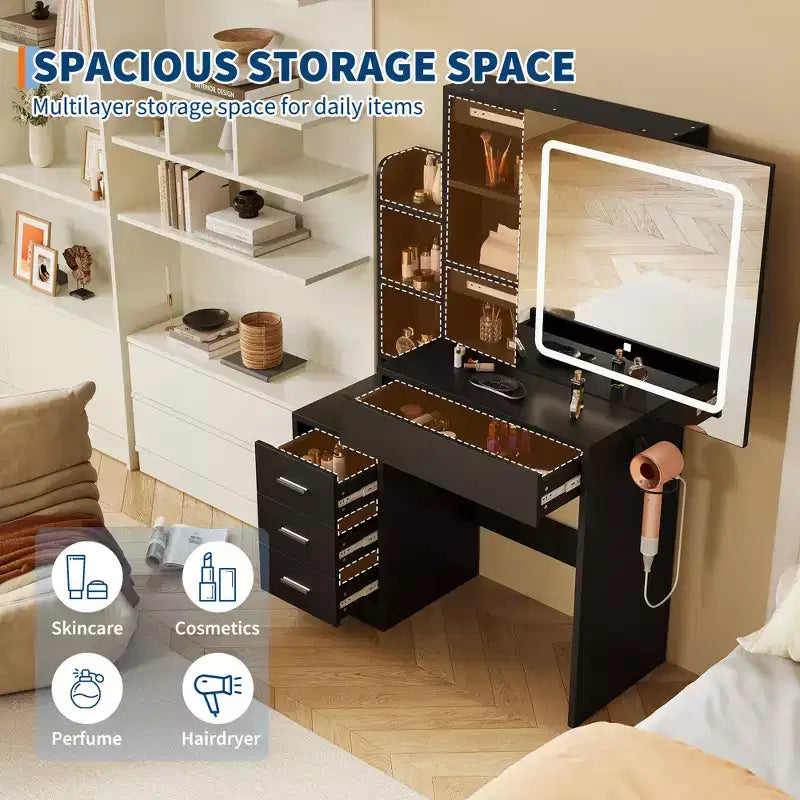 54.3 Modern LED Makeup Vanity Set with Upholstered Stool, 4 Drawers & Sliding Mirror, Open Storage Shelves for Bedroom & Bathroom
