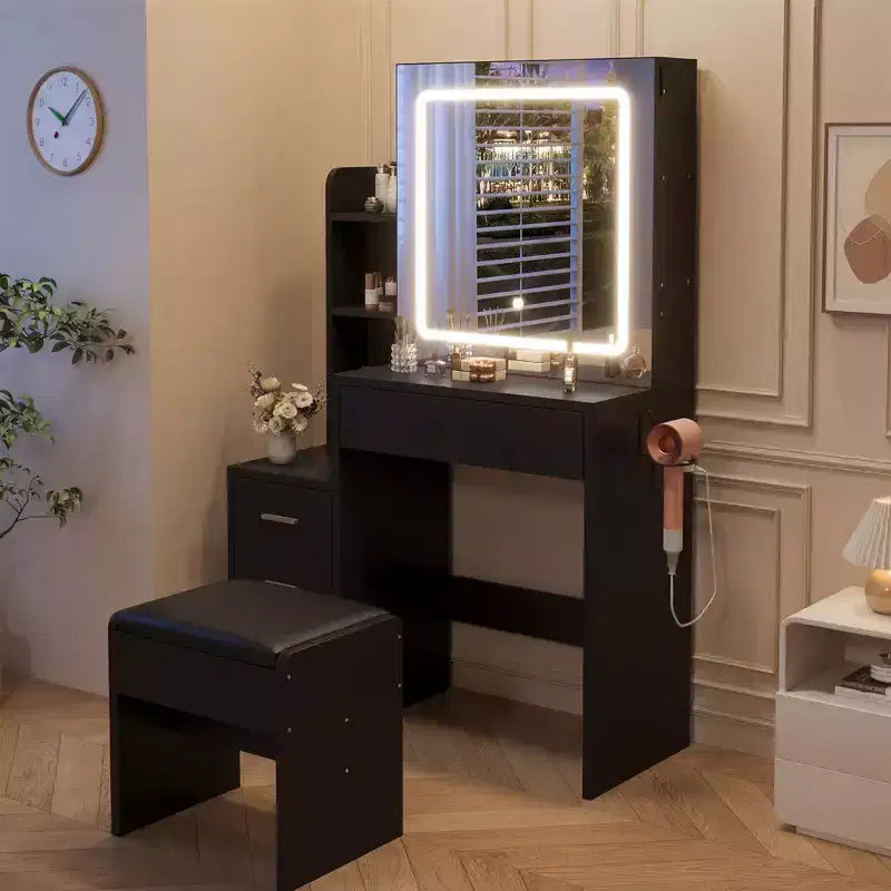 54.3 Modern LED Makeup Vanity Set with Upholstered Stool, 4 Drawers & Sliding Mirror, Open Storage Shelves for Bedroom & Bathroom