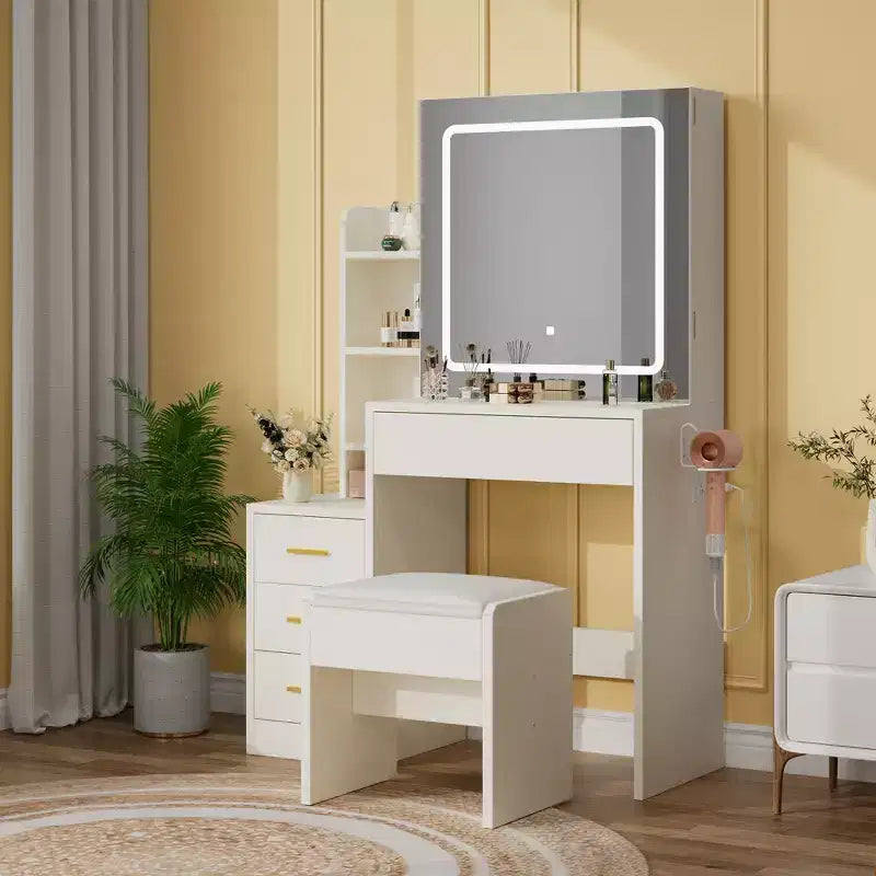 54.3 Modern LED Makeup Vanity Set with Upholstered Stool, 4 Drawers & Sliding Mirror, Open Storage Shelves for Bedroom & Bathroom