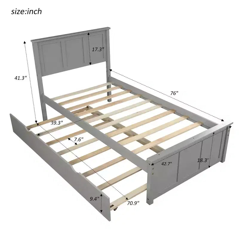 Twin Size Platform Bed With Space-saving Trundle, Easy Assembly, Gray