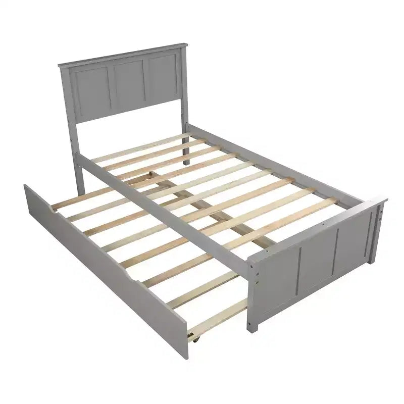 Twin Size Platform Bed With Space-saving Trundle, Easy Assembly, Gray