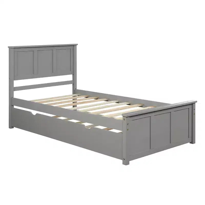Twin Size Platform Bed With Space-saving Trundle, Easy Assembly, Gray