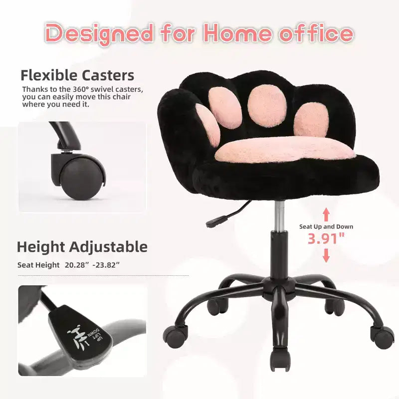 Teddy Fleece Vanity Chair Cat Paw Backrest 360 Swivel Height Adjustable 300LBS Support Tool-Free Assembly for Home Office Bedroom