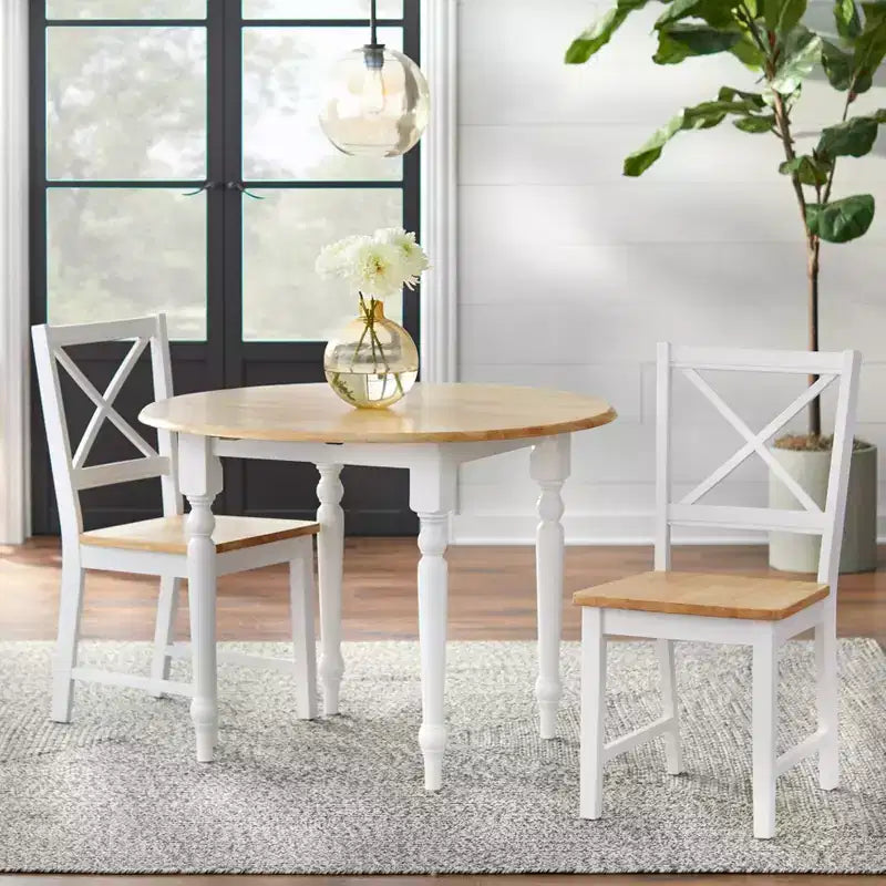 3pc Virginia Farmhouse Round Drop Leaf Dining Set White/Natural