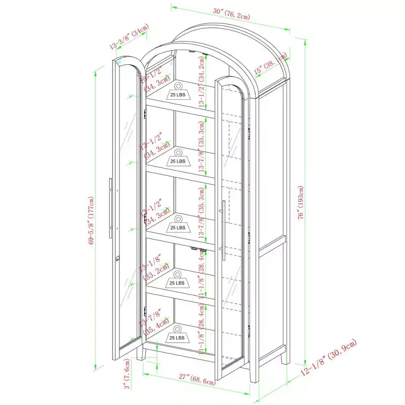 76" 5 Shelf Arched Bookcase Cabinet