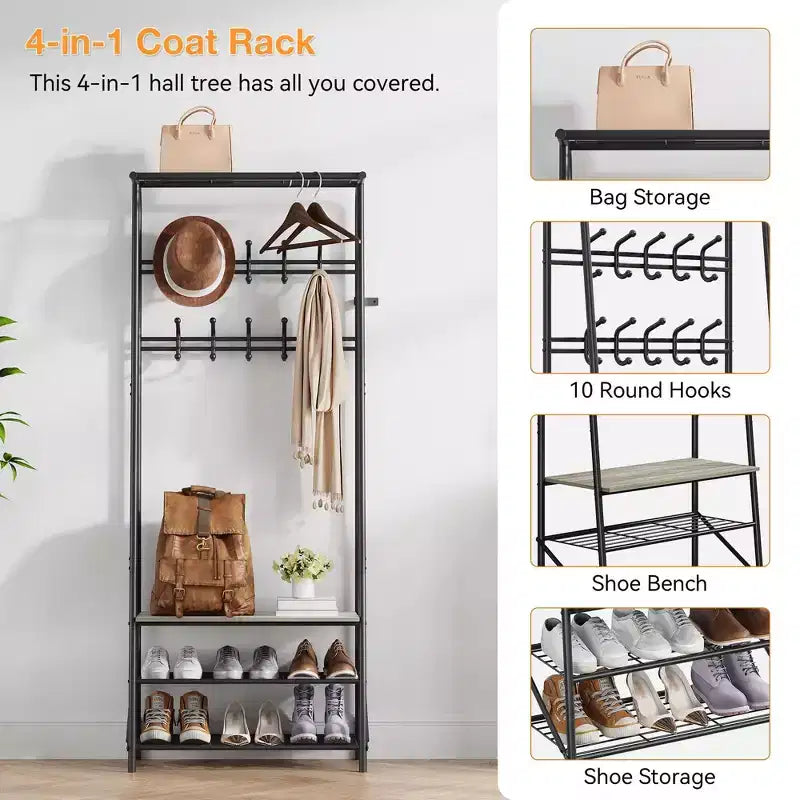 Coat Rack Shoe Bench with 5 /6 /10 Hooks