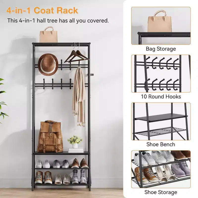 Coat Rack Shoe Bench with 5 /6 /10 Hooks