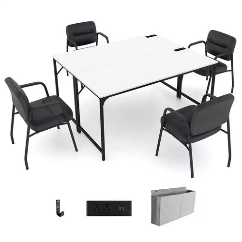 Costway Set of 2/4/6 Meeting Room Desk with Charging Station & Headphone Hook Metal Frame White
